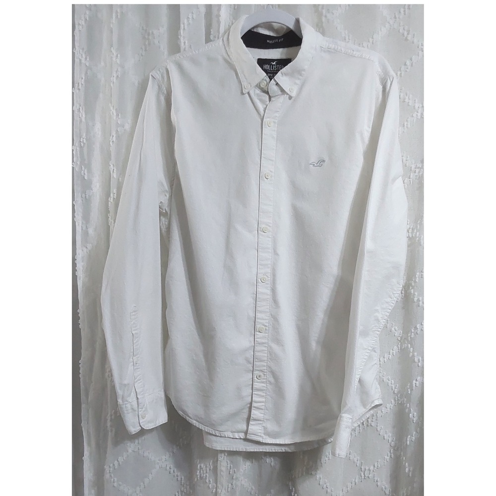 Hollister Mens Muscle Fit Epic Flex Stretch Button Down Shirt White Large L